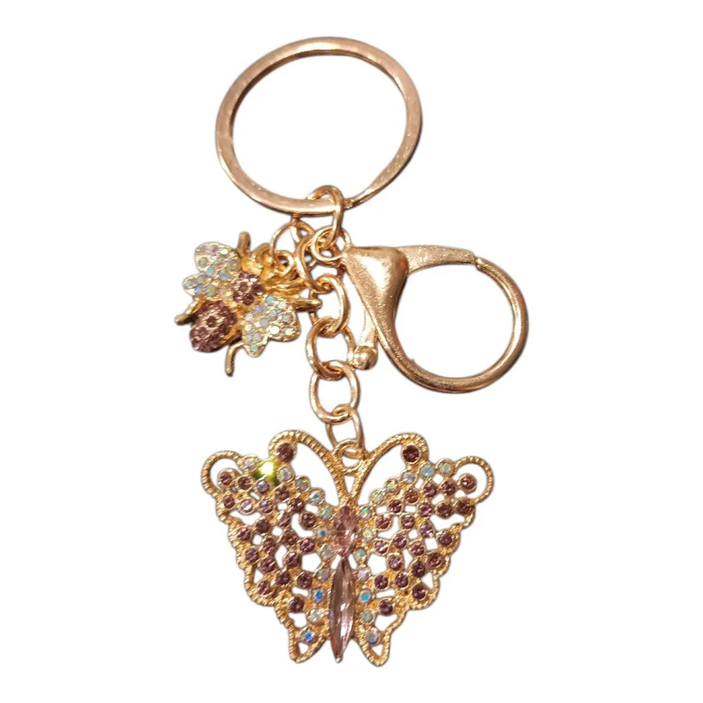 Amethyst Color Rhinestone Butterfly Bumblebee Gold Tone Keychain Purse Charm